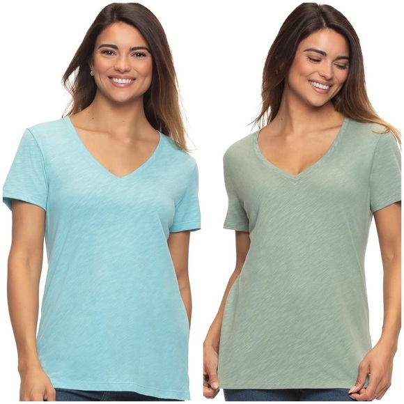 Set of 2 Felina Slub Jersey Women Tees V-Neck Short Sleeve Blue Green Medium - Picture 1 of 8